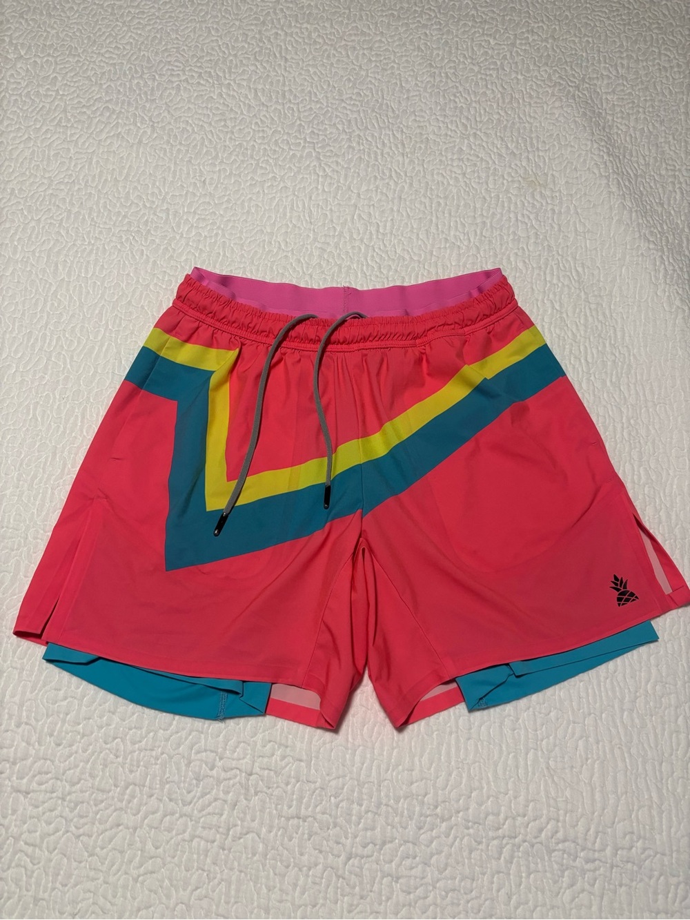 Men - size Small- Chubbies Pink Athletic Shorts with Teal and Yellow Accents